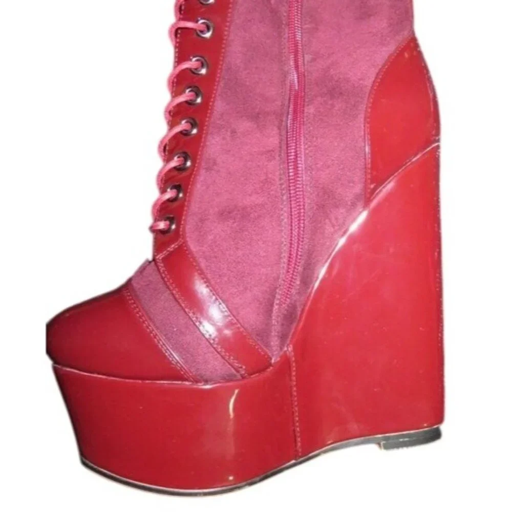 Dolls Kill Suede & Patent Leather Platform Boot Wedges Pink & Red NWT size 7 37